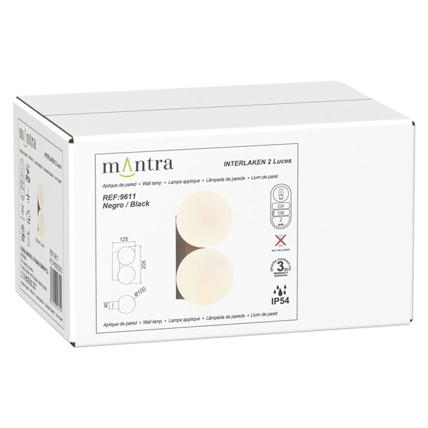 Applique murale extérieure INTERLAKEN IP54 noire pour 2 ampoules LED G9 (non incluses) 205 x 125 mm