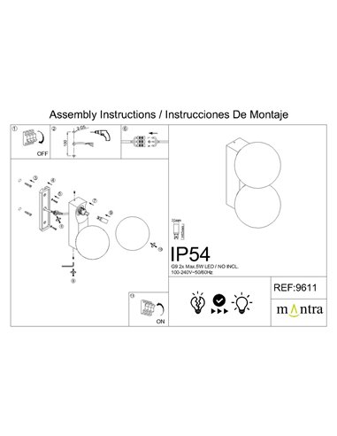 Applique murale extérieure INTERLAKEN IP54 noire pour 2 ampoules LED G9 (non incluses) 205 x 125 mm