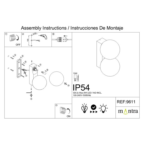 Luminária de parede externa INTERLAKEN IP54 preta para 2 lâmpadas LED G9 (não incluídas) 205x125 mm