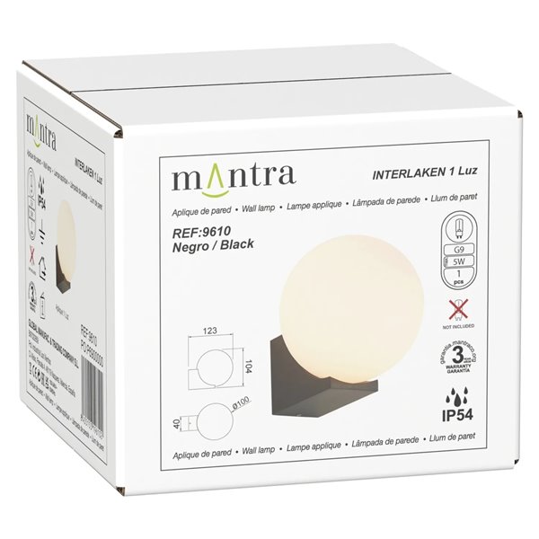 Applique d'extérieur INTERLAKEN IP54 noire pour ampoule LED G9 (non fournie) Ø 100/150 mm