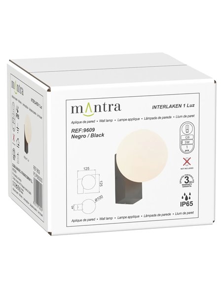 Aplique exterior INTERLAKEN IP65 negro para bombilla G9 LED (No Incl.) Ø100 mm