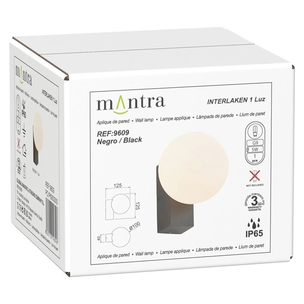 Aplique exterior INTERLAKEN IP65 negro para bombilla G9 LED (No Incl.) Ø100 mm