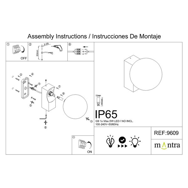 INTERLAKEN IP65 schwarze Außenwandhalterung für G9-LED-Lampe (nicht im Lieferumfang enthalten) Ø100 mm