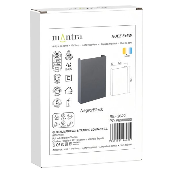 Aplique exterior LED luz arriba/abajo HUEZ IP65 5+5W 3000K 800lm negro/blanco/corten 180x125 mm