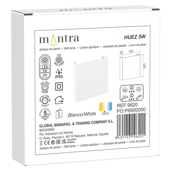 Aplique exterior HUEZ LED IP65 5W 3000K 400lm negro, blanco o corten 125x125 mm