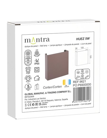 Aplique exterior HUEZ LED IP65 5W 3000K 400lm negro, blanco o corten 125x125 mm