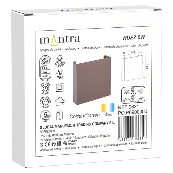 Luminária de parede exterior HUEZ LED IP65 5 W 3000 K 400 lm, em preto, branco ou aço corten, 125 x 125 mm