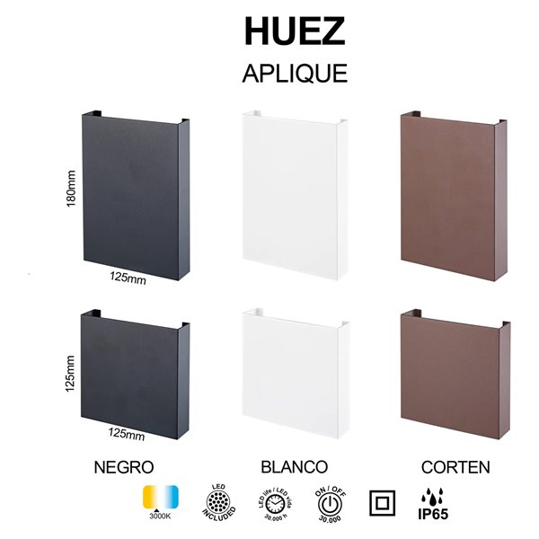 Applique murale extérieure LED HUEZ IP65 5W 3000K 400lm noir, blanc ou Corten 125x125 mm