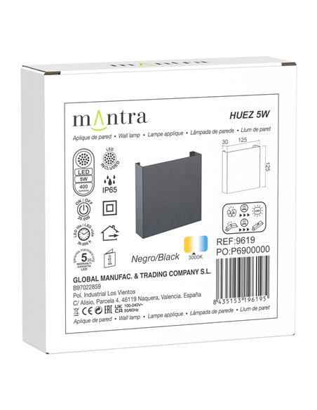Aplique exterior HUEZ LED IP65 5W 3000K 400lm negro, blanco o corten 125x125 mm