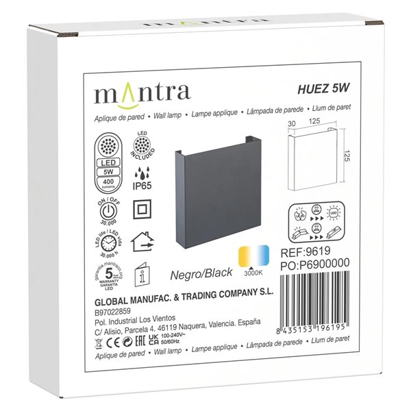 Aplique exterior HUEZ LED IP65 5W 3000K 400lm negro, blanco o corten 125x125 mm