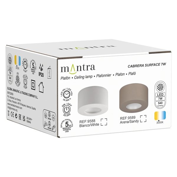 Plafonnier LED CABRERA 7W 3000K 540lm blanc ou sablé Ø107 mm