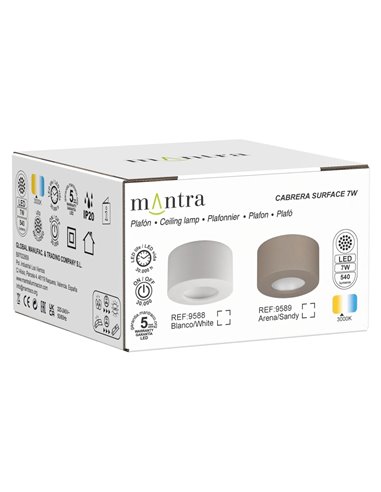 CABRERA LED-Aufbau-Deckenleuchte 7W 3000K 540lm weiß oder sandgestrahlt Ø107 mm