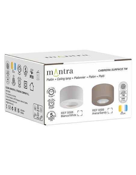 Plafonnier LED CABRERA 7W 3000K 540lm blanc ou sablé Ø107 mm