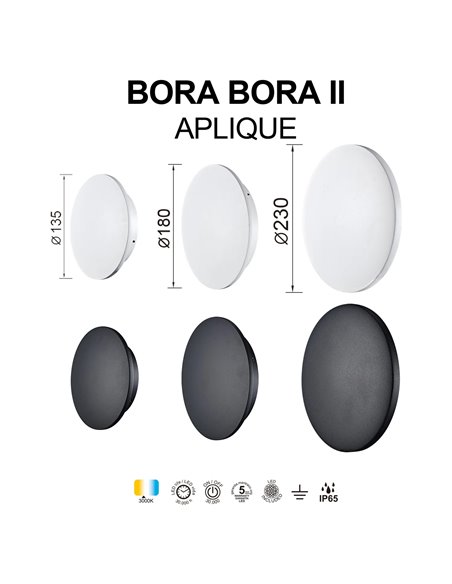 Applique murale extérieure LED BORA BORA II, IP65, noire ou blanche, 10 W 700 lm, 15 W 1050 lm ou 20 W 1400 lm, 3000 K