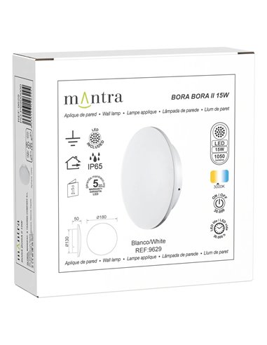Luminária de parede para exterior BORA BORA II LED IP65, preta ou branca, 10W 700lm, 15W 1050lm ou 20W 1400lm, 3000K