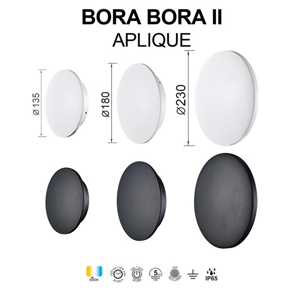 Aplique exterior BORA BORA II LED IP65 negro o blanco 10W 700lm, 15W 1050lm o 20W 1400lm 3000K