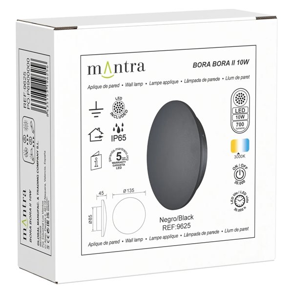 Luminária de parede para exterior BORA BORA II LED IP65, preta ou branca, 10W 700lm, 15W 1050lm ou 20W 1400lm, 3000K