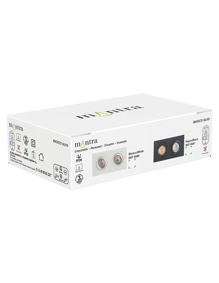 Boîtier encastré double BASIC GU10 blanc ou noir pour 2 ampoules LED GU10 (non incluses), dimensions de découpe : 165 x 85 mm