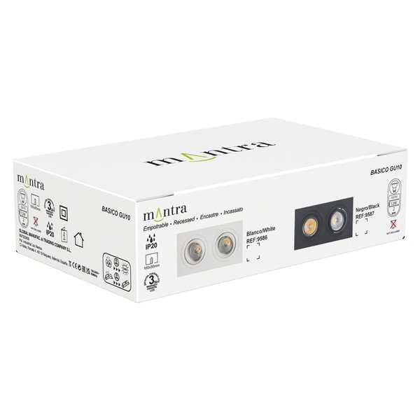 Boîtier encastré double BASIC GU10 blanc ou noir pour 2 ampoules LED GU10 (non incluses), dimensions de découpe : 165 x 85 mm