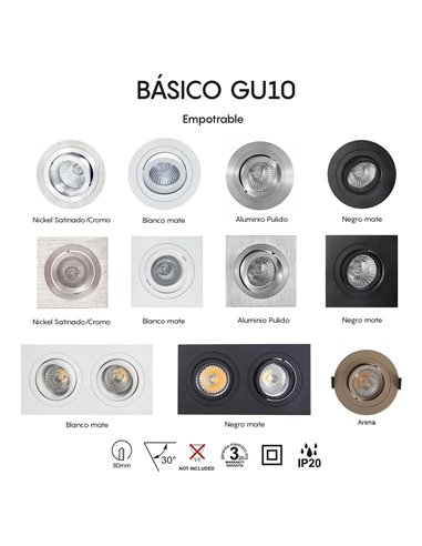 Empotrable doble BÁSICO GU10 blanco o negro, 2 bombillas GU10 LED (No Incl.) corte 165x85 mm
