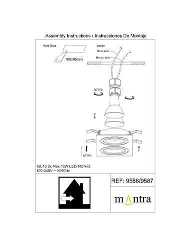 Luminária dupla embutida BASIC GU10 branca ou preta para 2 lâmpadas LED GU10 (não incluídas), recorte de 165x85 mm
