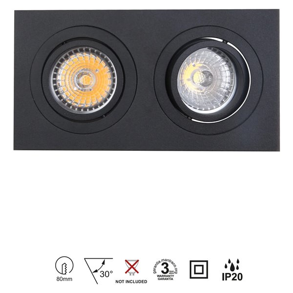 Boîtier encastré double BASIC GU10 blanc ou noir pour 2 ampoules LED GU10 (non incluses), dimensions de découpe : 165 x 85 mm