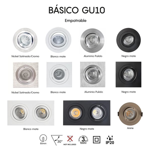 Boîtier encastré double BASIC GU10 blanc ou noir pour 2 ampoules LED GU10 (non incluses), dimensions de découpe : 165 x 85 mm