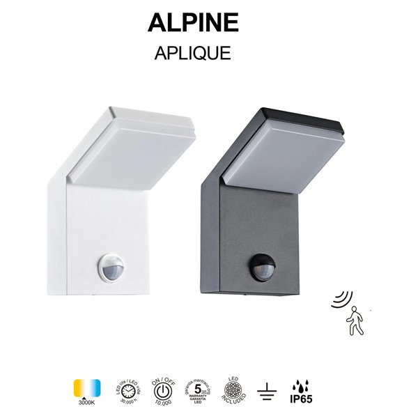 Luminária de parede externa ALPINE SENSOR LED IP65 7W 3000K 590lm com sensor de movimento, branca ou cinza escuro.