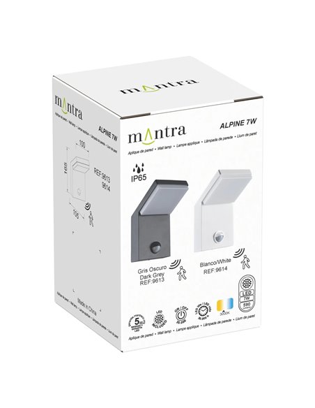 Aplique exterior ALPINE SENSOR LED IP65 7W 3000K 590lm con sensor movimiento Blanco o Gris Oscuro