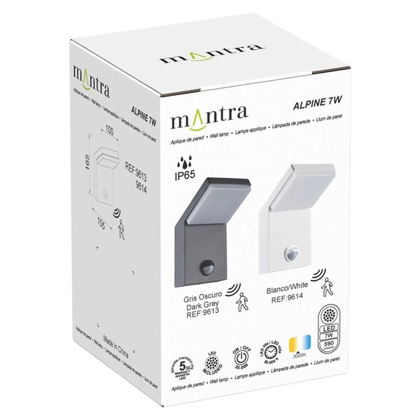 Aplique exterior ALPINE SENSOR LED IP65 7W 3000K 590lm con sensor movimiento Blanco o Gris Oscuro