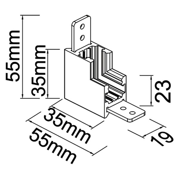 Conector interior 90° MAGNETO MINI negro para carril magnético 48V 55x55x23 mm