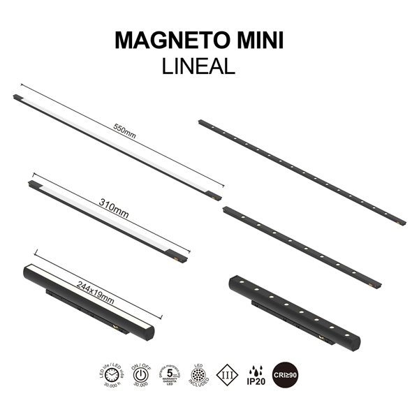 Lineal 360° MAGNETO MINI LED 6W 3000K 500lm negro orientable 36° 244x19x33 mm CRI90
