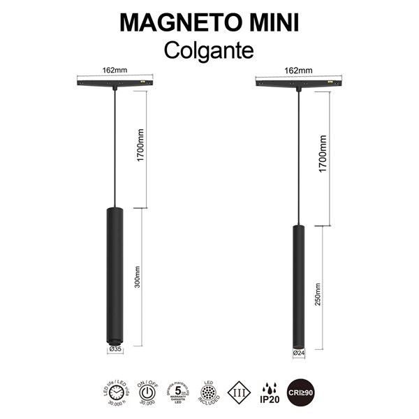 Foco colgante MAGNETO MINI LED 5W 3000K 400lm negro 24° para carril magnético 48V CRI90
