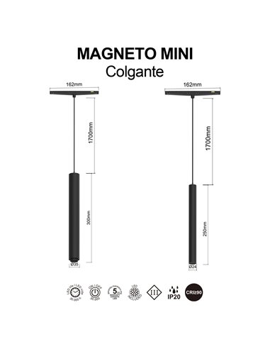 Luminária pendente LED Zoom MAGNETO MINI 7W 3000K 460lm Preta 15°-36° para trilho magnético 48V CRI90