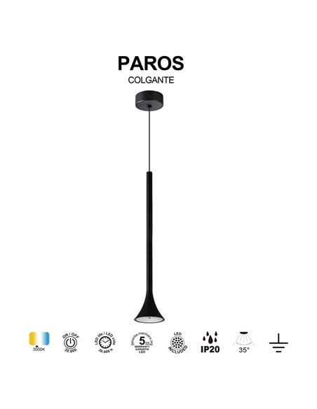 Suspension LED PAROS, noire, forme conique, 5 W, 3000 K, 35°, Ø 80 x 400 mm