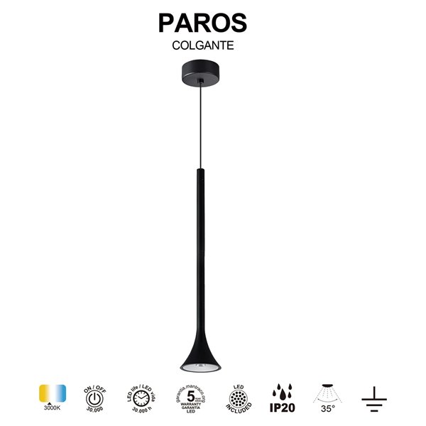 Lámpara colgante LED negro PAROS en forma de campana cónica 5W 3000K 35º Ø80x400mm