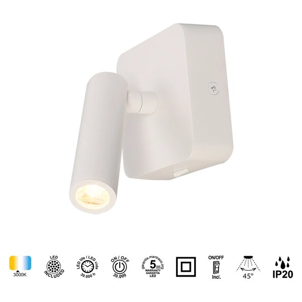 Luminária de leitura LED quadrada POPA 3W 3000K 210lm, ajustável, branca, preta ou dourada escovada, 45°