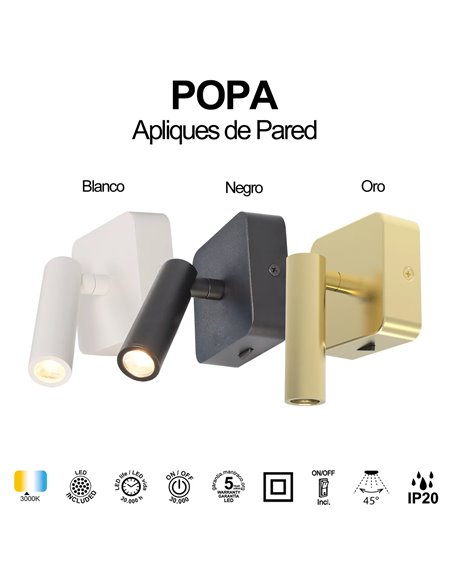 Aplique lector LED cuadrado POPA 3W 3000K 210lm orientable blanco, negro o oro cepillado 45°