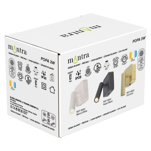 Aplique lector LED cuadrado POPA 3W 3000K 210lm orientable blanco, negro o oro cepillado 45°