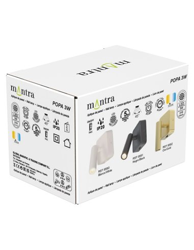 Luminária de leitura LED quadrada POPA 3W 3000K 210lm, ajustável, branca, preta ou dourada escovada, 45°