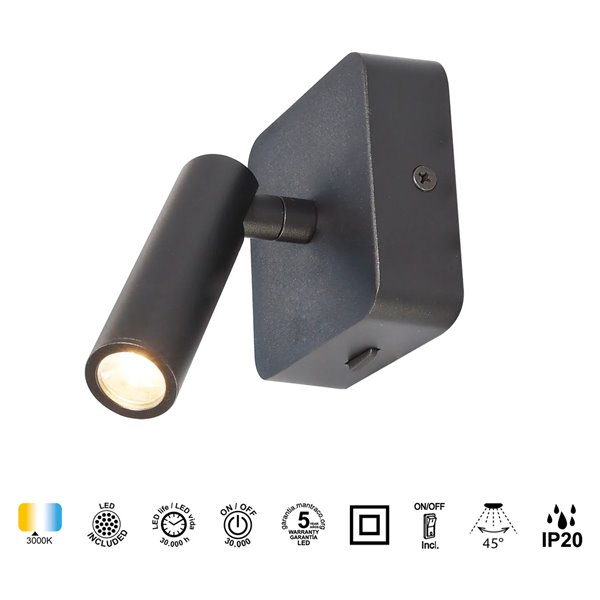 Aplique lector LED cuadrado POPA 3W 3000K 210lm orientable blanco, negro o oro cepillado 45°
