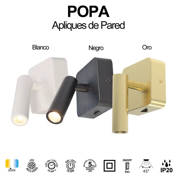 POPA 3W 3000K 210lm Quadratische LED-Leseleuchte, verstellbar, Weiß, Schwarz oder Gebürstetes Gold, 45°