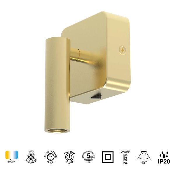 Aplique lector LED cuadrado POPA 3W 3000K 210lm orientable blanco, negro o oro cepillado 45°
