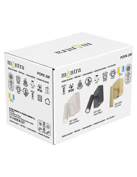 Luminária de leitura LED quadrada POPA 3W 3000K 210lm, ajustável, branca, preta ou dourada escovada, 45°