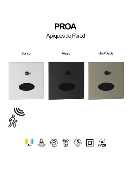 Bañador de pared PROA SENSOR LED 3W 3000K 180lm empotrable blanco, negro o gris verde