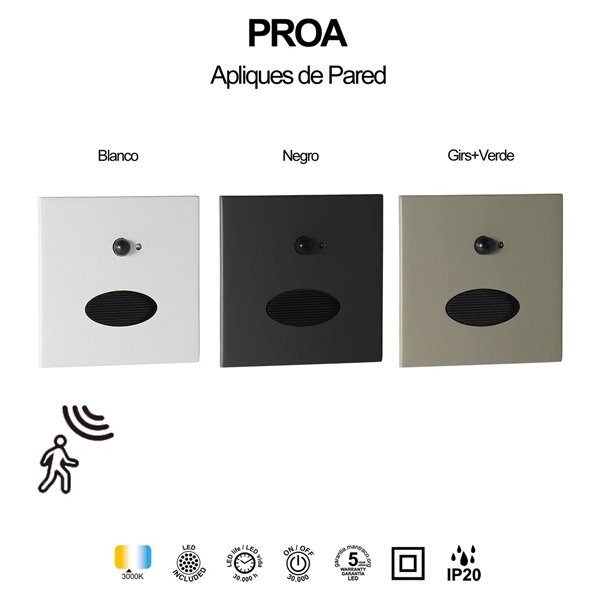 Bañador de pared PROA SENSOR LED 3W 3000K 180lm empotrable blanco, negro o gris verde
