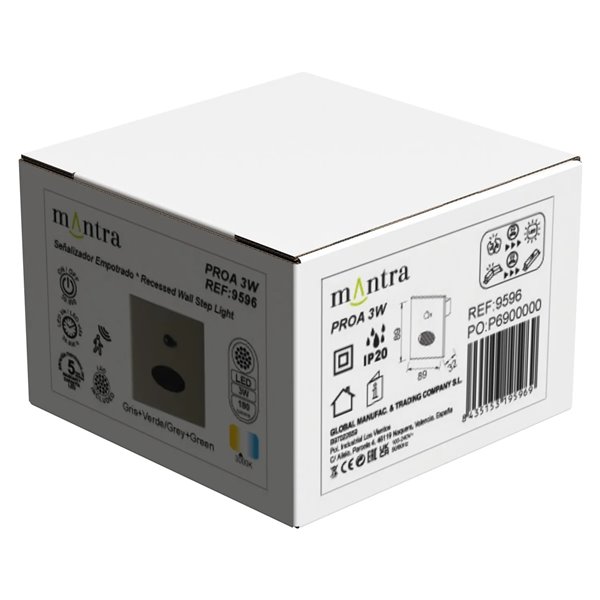 PROA SENSOR LED 3W 3000K 180lm Applique murale encastrée, blanc, noir ou gris-vert