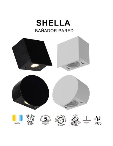 SHELLA Wandfluter, rund/quadratisch, weiß/schwarz, 3 W, 3000 K, 180 lm, IP65