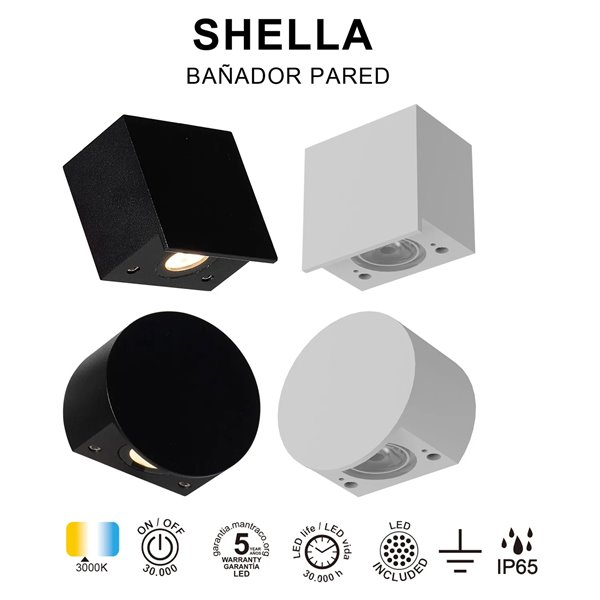 SHELLA Applique murale ronde/carrée blanche/noire 3W 3000K 180lm IP65