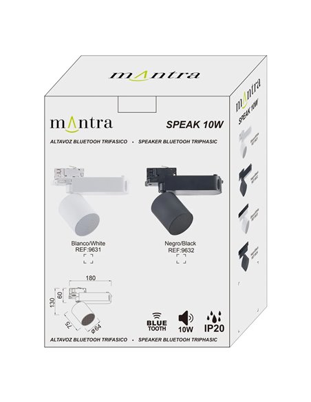 Enceinte Bluetooth SPEAK 10 W pour rail triphasé, blanc/noir, Bluetooth 5.4, 12 dB